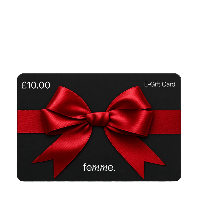 A black E-Gift Card for femme. with a large red satin bow across the center and white text reading £10.00 and E-Gift Card.
