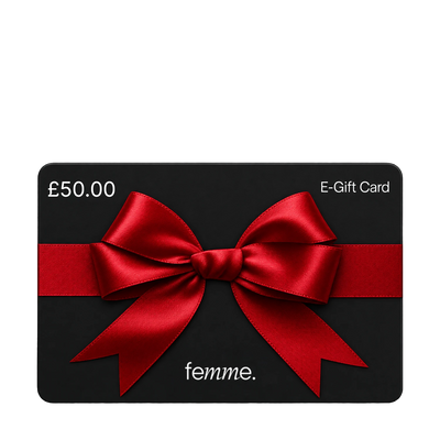 A black E-Gift Card valued at £50.00 with a large red satin bow across the center and the brand name 'femme.