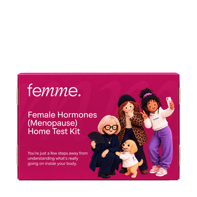 A bright pink rectangular product box for the femme. Female Hormones (Menopause) Home Test Kit, featuring illustrations of four women and a small dog on the front.