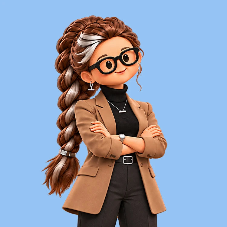 A character with braided hair, glasses, and a brown blazer stands confidently against a blue background.