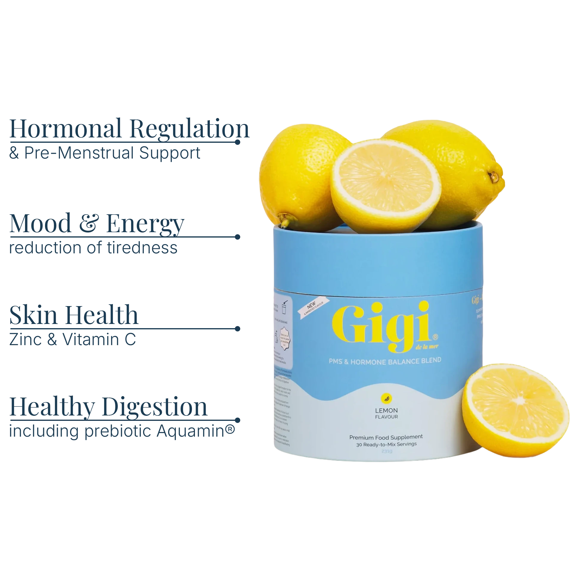 A cylindrical supplement canister labeled Gigi Lemon Flavour, shown with lemons on top and beside it, on a white background with marketing text listing benefits: hormonal regulation and pre-menstrual support, mood and energy, skin health, and healthy digestion including prebiotic Aquamin.