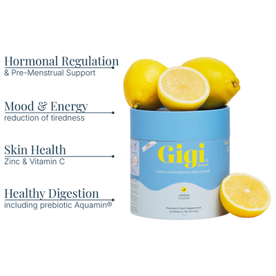 A cylindrical supplement canister labeled Gigi Lemon Flavour, shown with lemons on top and beside it, on a white background with marketing text listing benefits: hormonal regulation and pre-menstrual support, mood and energy, skin health, and healthy digestion including prebiotic Aquamin.