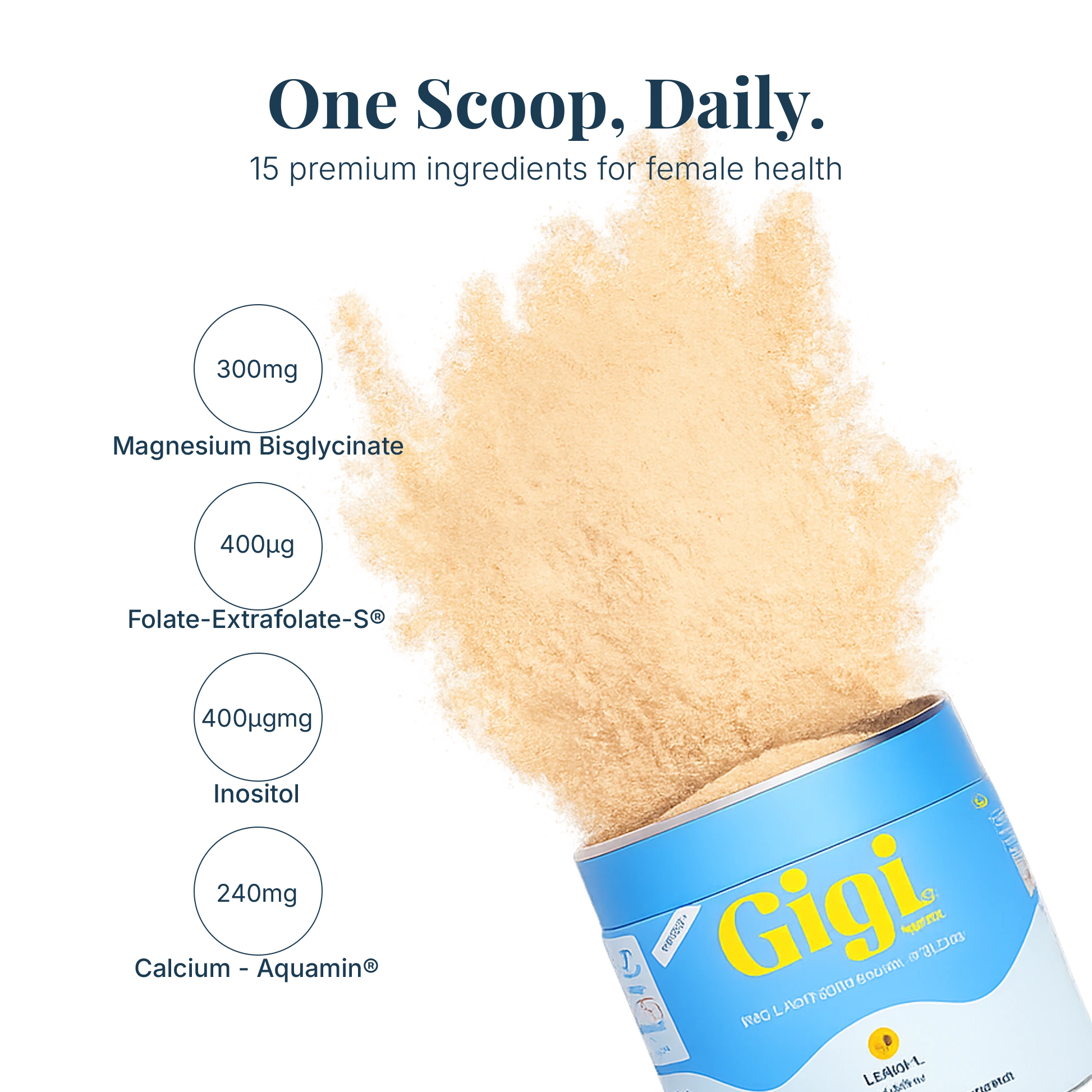 A canister of Gigi Women's Health Magnesium Bisglycinate powder bursts open, releasing a cloud of light beige powder against a white background. Text on the image lists key ingredients: Magnesium Bisglycinate (300mg), Folate-Extrafolate-S (400ΛΩ), Inositol (400ΛΩmg), and Calcium - Aquamin (240mg).