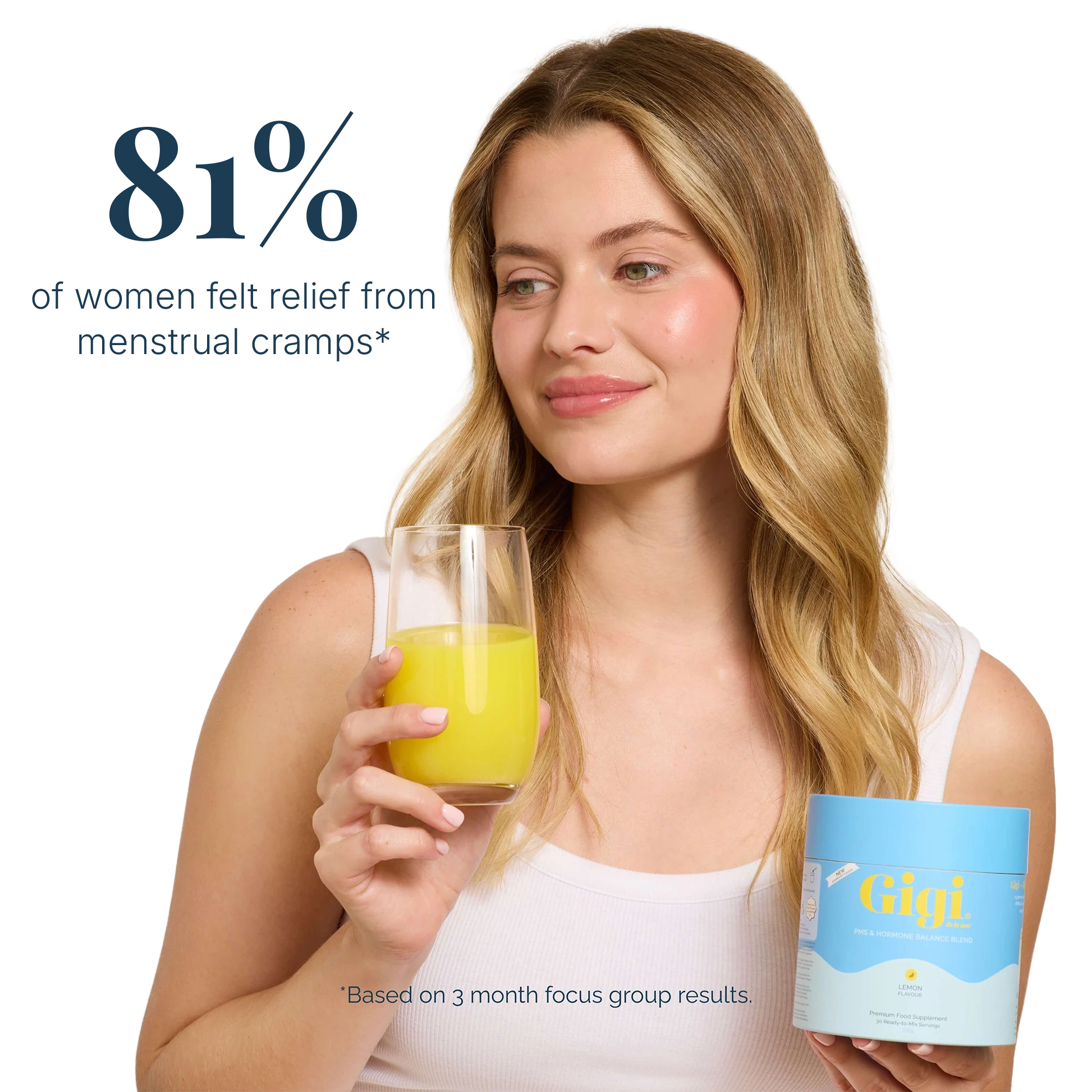 A woman with blonde hair holds a glass of yellow juice and a light blue jar labeled 'Gigi' against a white background, with marketing text stating '81% of women felt relief from menstrual cramps'.