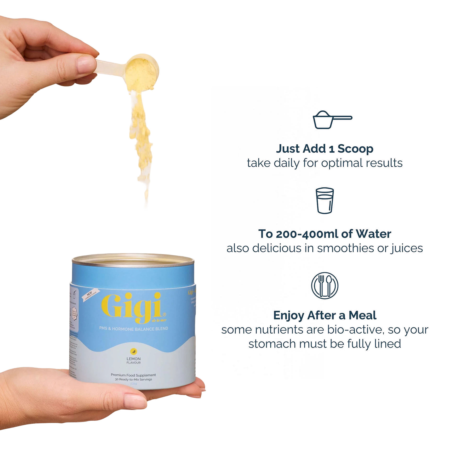 A hand holds a canister of Gigi Probiotic Balance Blend powder, with a scoop of the yellow powder being lifted above it. Text on the right explains how to use the product: add one scoop daily, mix with 200-400ml of water, and enjoy after a meal.