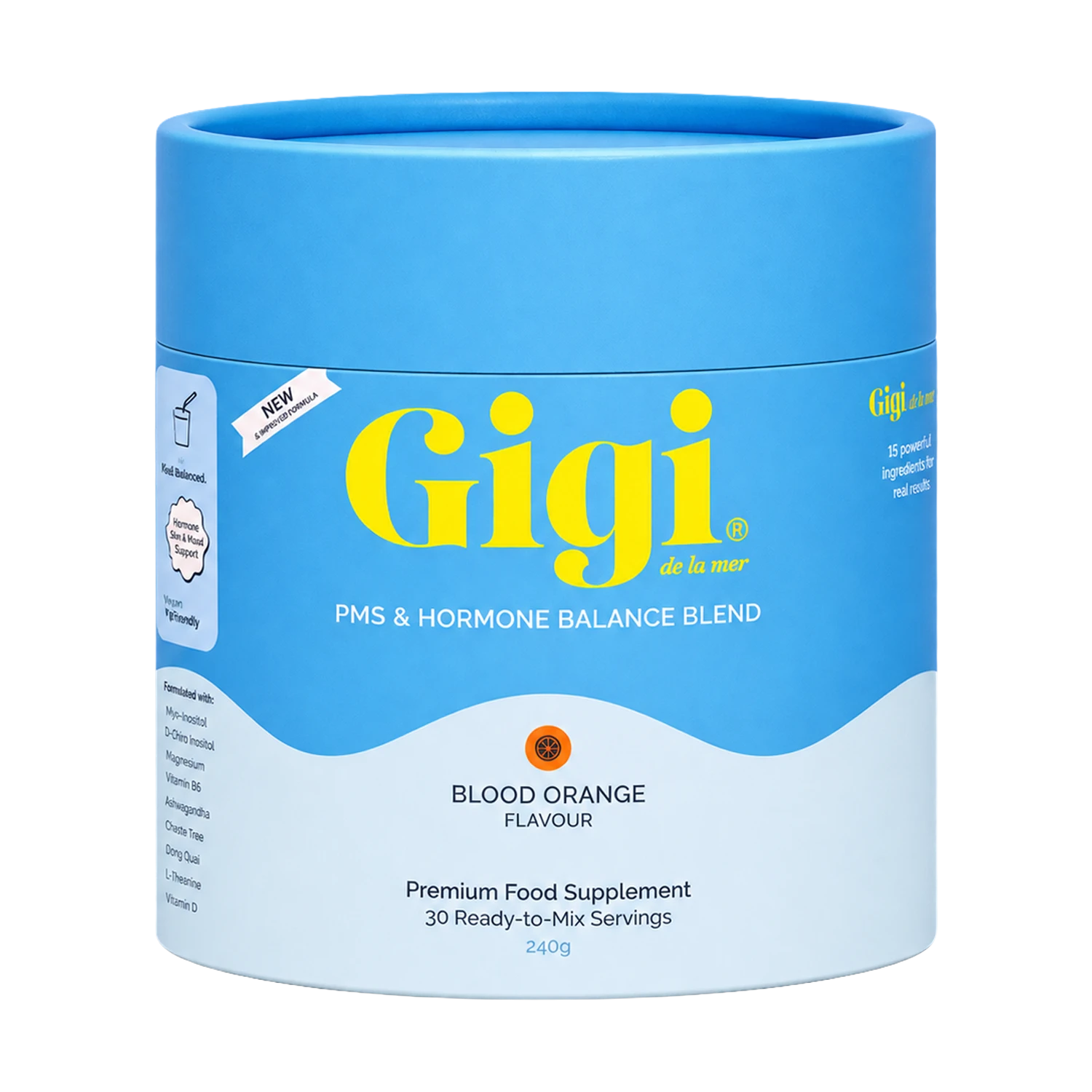 A blue cylindrical canister of Gigi de la mar PMS & Hormone Balance Blend in Blood Orange flavor, shown on a plain white background.