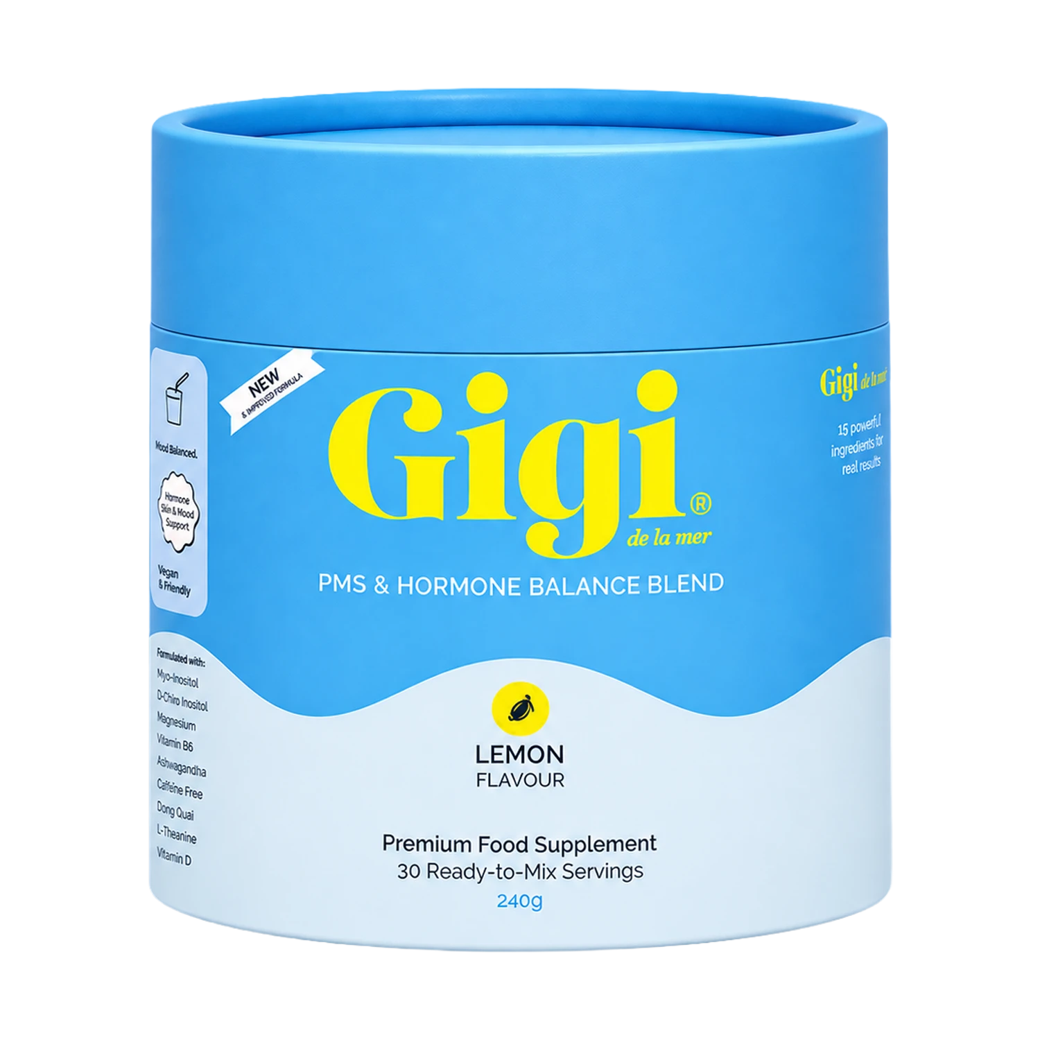 A blue and white cylindrical container of Gigi PMS & Hormone Balance Blend in Lemon Flavour, shown on a plain white background.