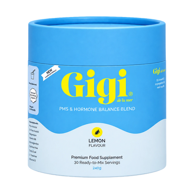 A blue and white cylindrical container of Gigi PMS & Hormone Balance Blend in Lemon Flavour, shown on a plain white background.