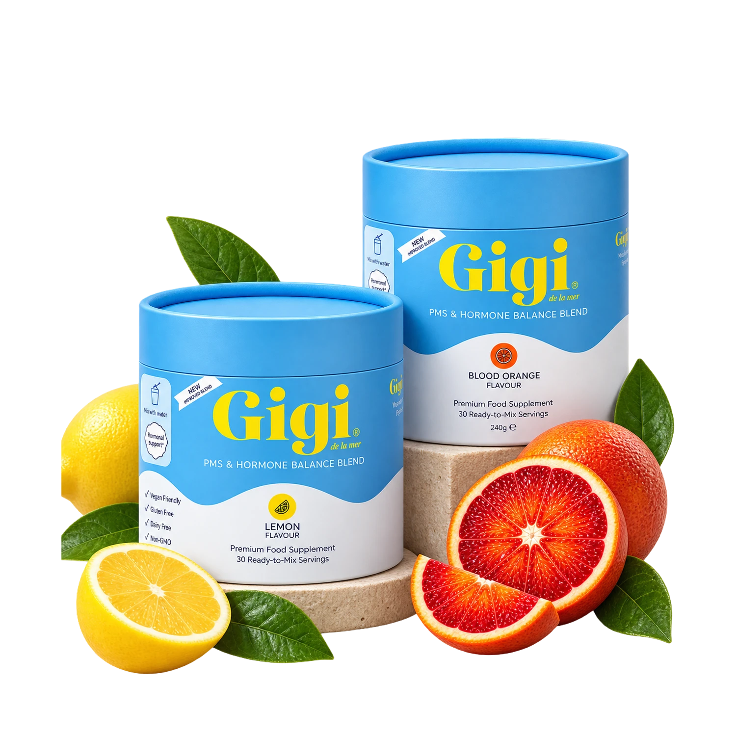 Two blue and white cylindrical supplement containers from Gigi Health, one lemon-flavored and one blood orange-flavored, styled with fresh lemons and blood oranges on a white background.