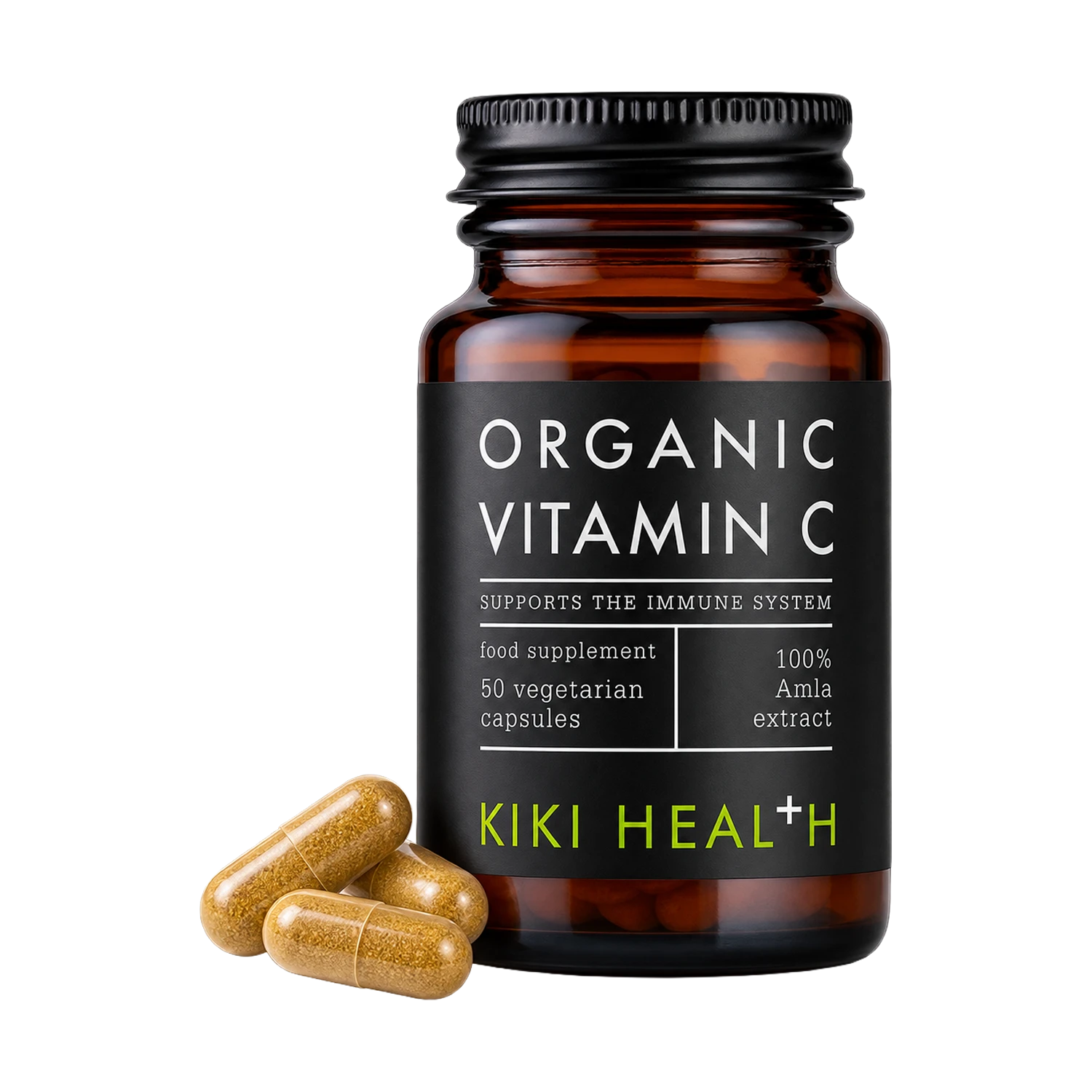 A bottle of Kiki Health Organic Vitamin C food supplement with three capsules placed in front on a clean white background.