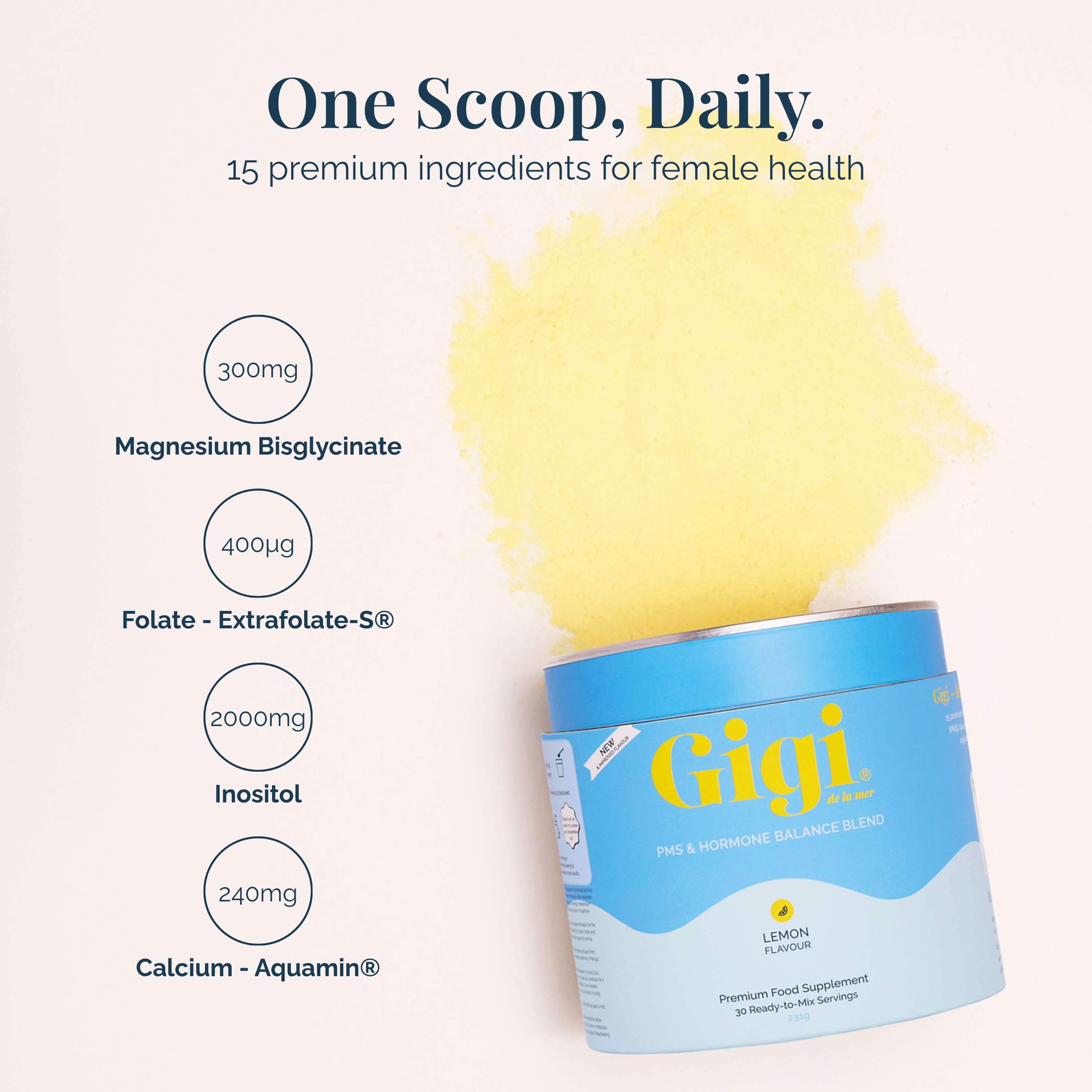 Gigi Wellness Lemon supplement powder with text detailing its ingredients: Magnesium Bisglycinate, Folate - Extrafolate-S®, Inositol, and Calcium - Aquamin®. A yellow powder cloud is depicted above the container.
