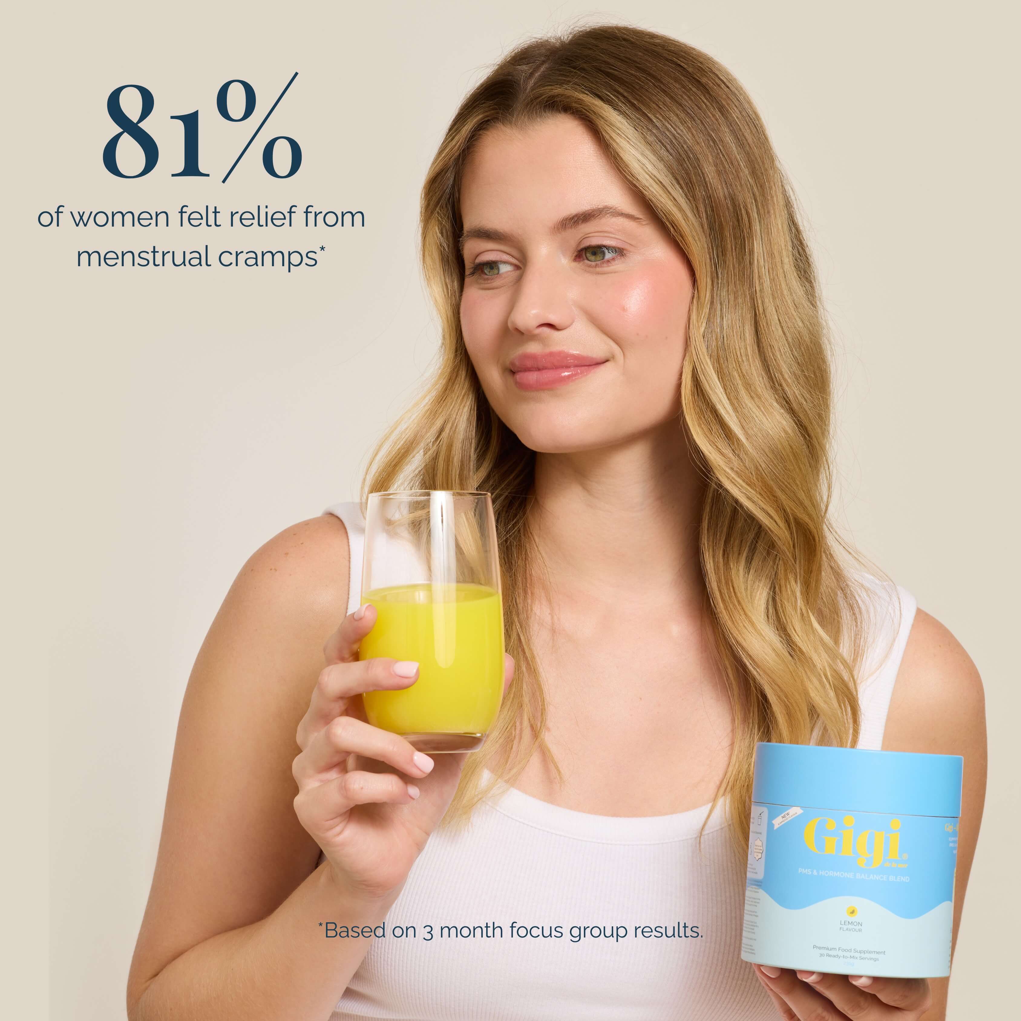 Promotional text for Gigi PMS & Hormone Supplement stating '81% of women felt relief from menstrual cramps'.