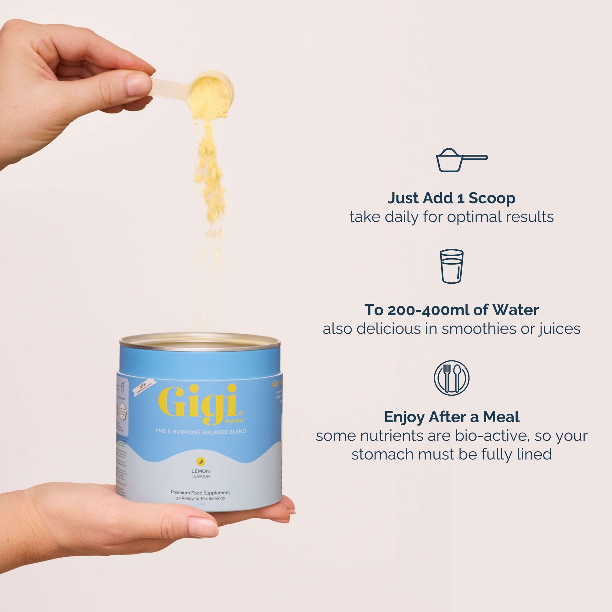 Image of Gigi hormone supplement with directions of how to take it