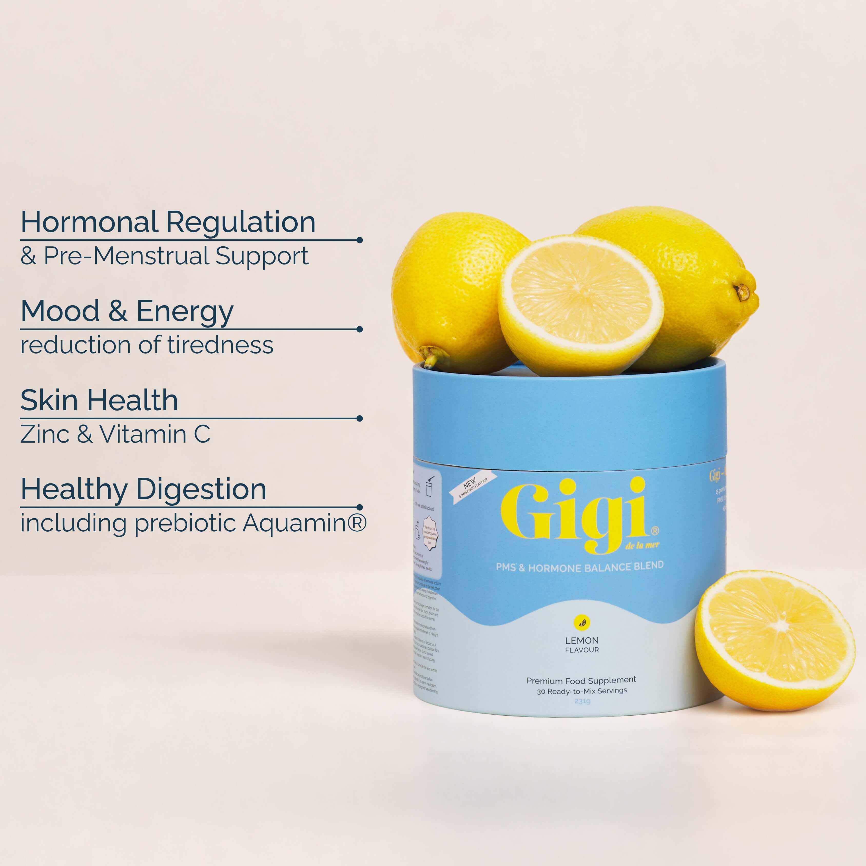 Gigi Lemon Pre & Hormone Balance Blend Supplement with text that lists benefits: Hormonal Regulation, Mood & Energy, Skin Health, Healthy Digestion, and includes a reference to prebiotic Aquamin®.