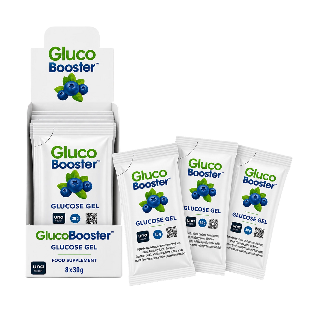 Gluco Booster glucose gel packets in box labelled una health, eight sachets each 30g.