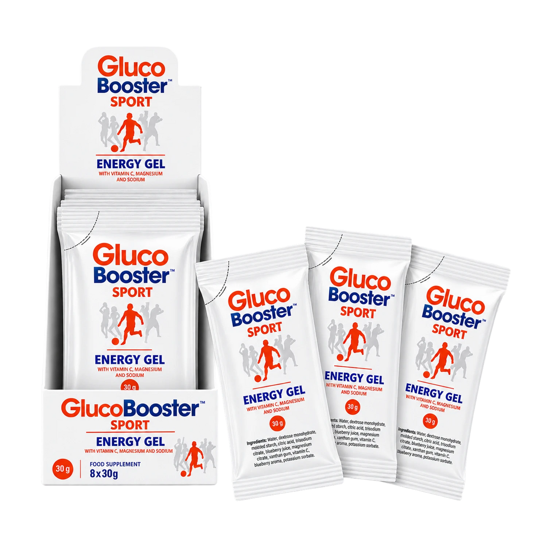 Gluco Booster Sport Energy Gel packets displayed outside and inside box packaging.