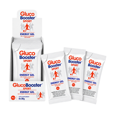 Gluco Booster Sport Energy Gel packets displayed outside and inside box packaging.