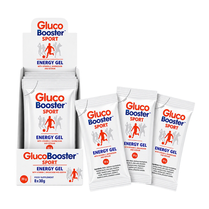 Gluco Booster Sport Energy Gel packets displayed outside and inside box packaging.