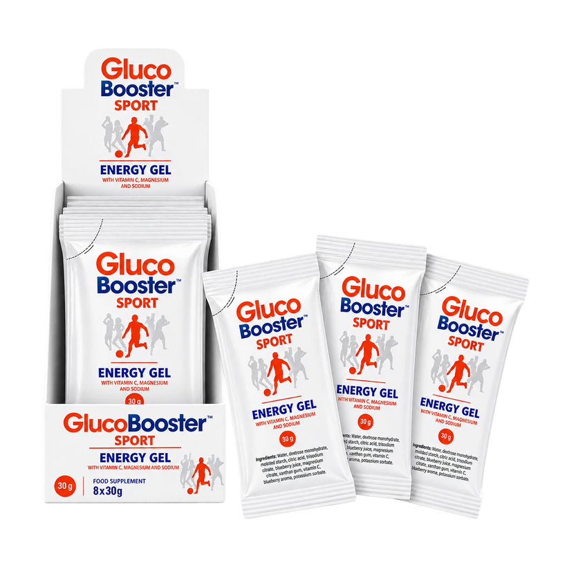 Gluco Booster Sport Energy Gel packets displayed outside and inside box packaging.