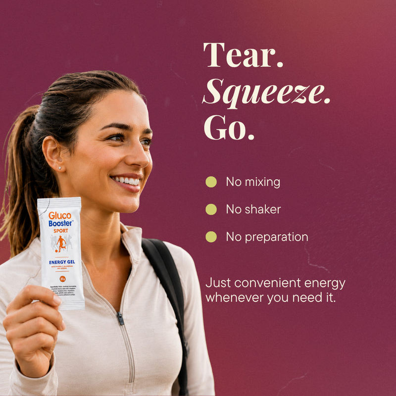 A woman holding a packet of Gluco Booster Sport Energy Gel against a red background.