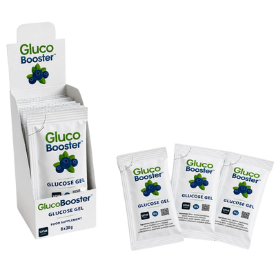 Gluco Booster glucose gel sachets displayed in box and individually.