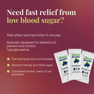 Three Gluco Booster glucose gel sachets on a red background with text describing their features.