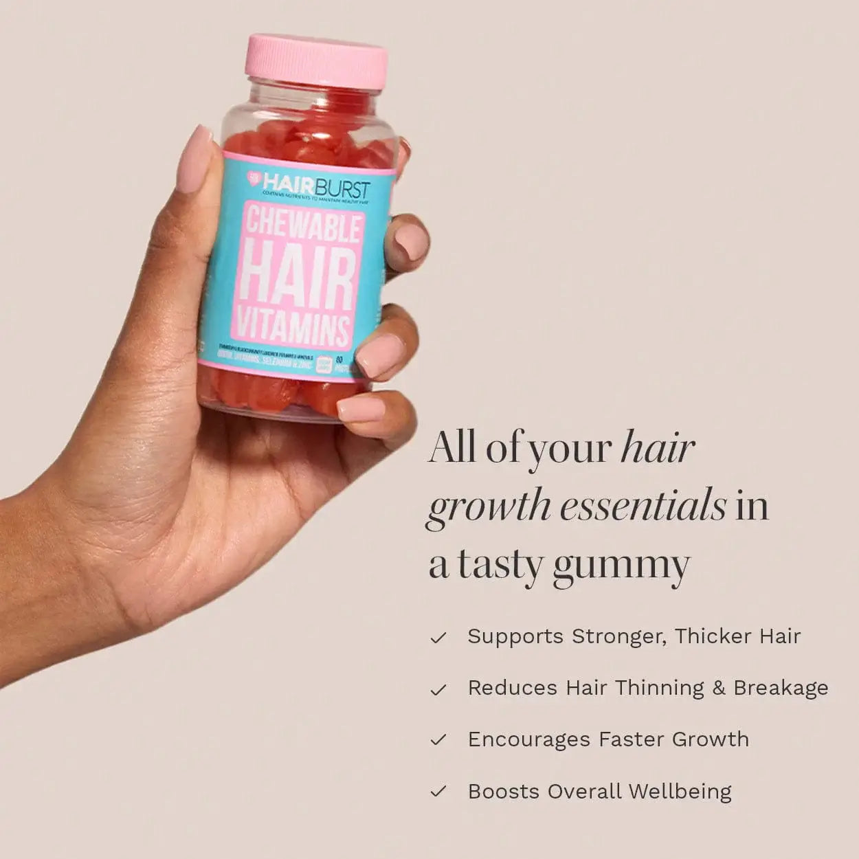 A hand holding a bottle of Hair Burst Chewable Hair Vitamins gummies against a solid beige background, with text detailing hair growth benefits.