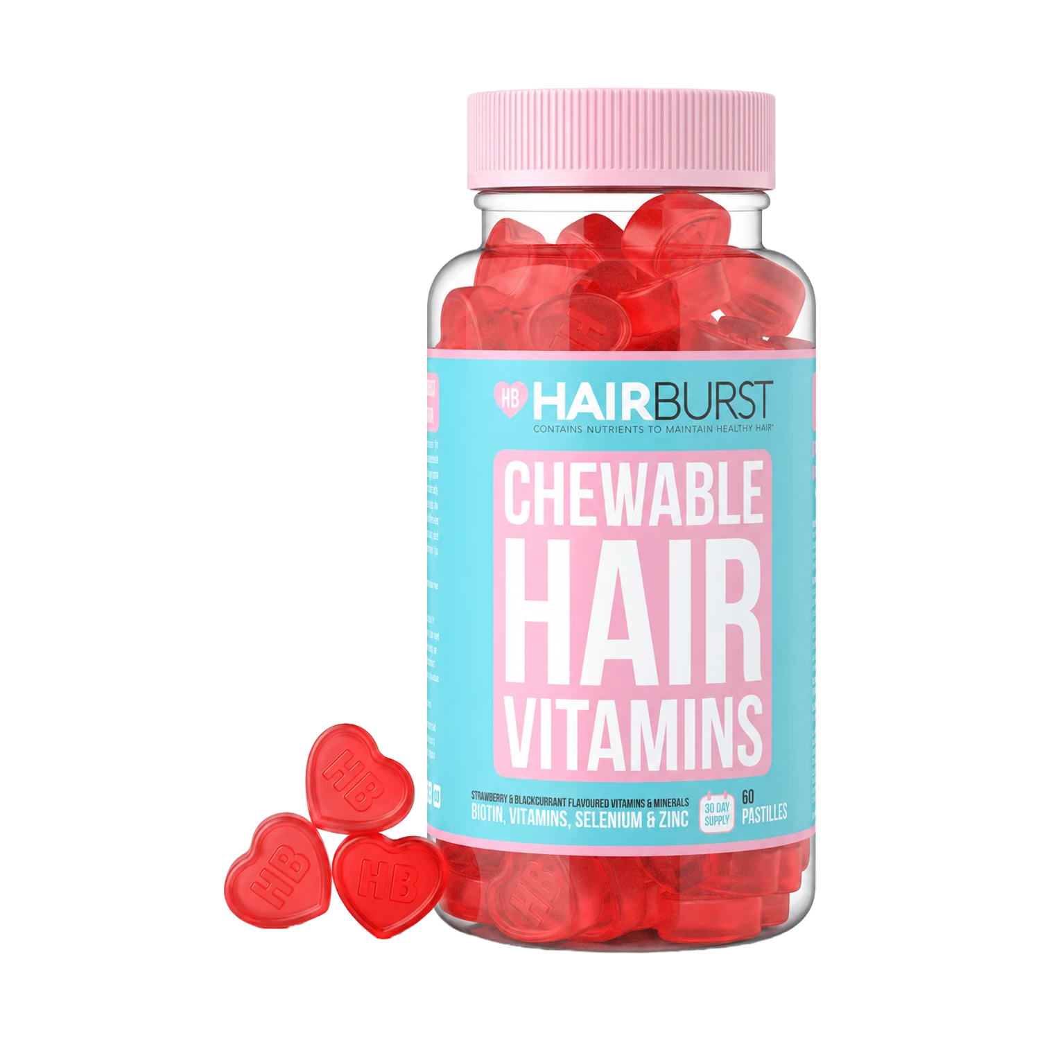 A bottle of HAIRBURST Chewable Hair Vitamins filled with red heart-shaped gummies, with three red heart gummies placed in front on a clean white background.