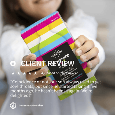 Hifas da Terra Dr. Immune Five for children supplement image with review text overlay