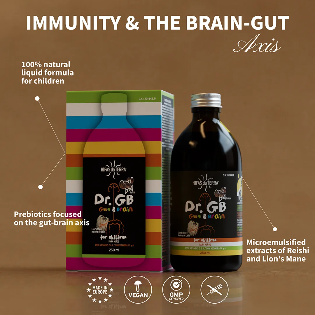 Dr. GB product packaging with text about immunity, gut-brain axis, and natural ingredients on a brown background