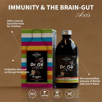 Dr. GB product packaging with text about immunity, gut-brain axis, and natural ingredients on a brown background