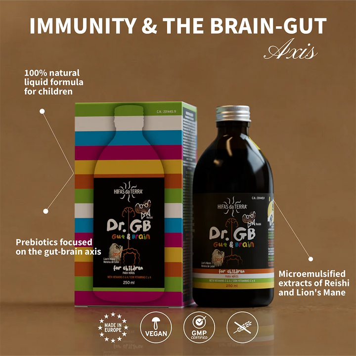 Dr. GB product packaging with text about immunity, gut-brain axis, and natural ingredients on a brown background