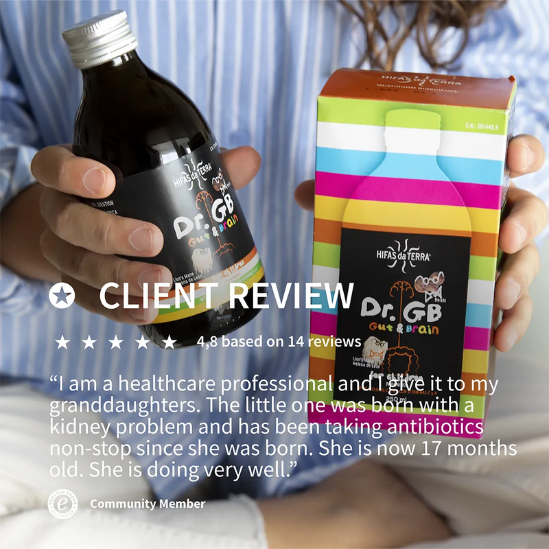 Dr. GB Gut & Brain supplement with a client review overlay