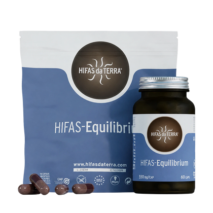 HIFAS Equilibrium supplement bottle and capsules next to packaging showing brand name HIFAS da TERRA.
