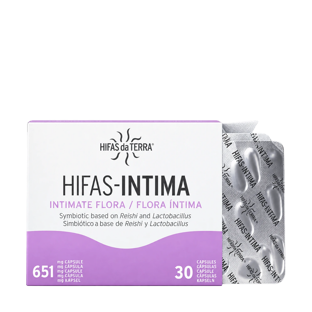 HIFAS-INTIMA capsule packaging showing blister pack with 30 capsules each containing 651 mg.