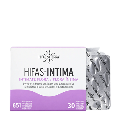 HIFAS-INTIMA capsule packaging showing blister pack with 30 capsules each containing 651 mg.