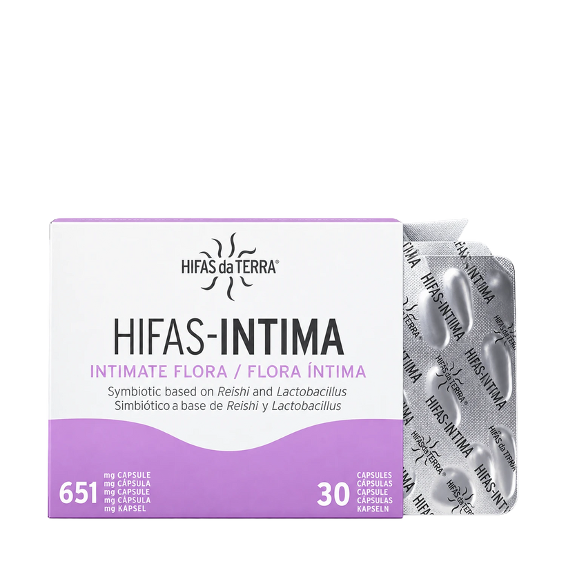 HIFAS-INTIMA capsule packaging showing blister pack with 30 capsules each containing 651 mg.