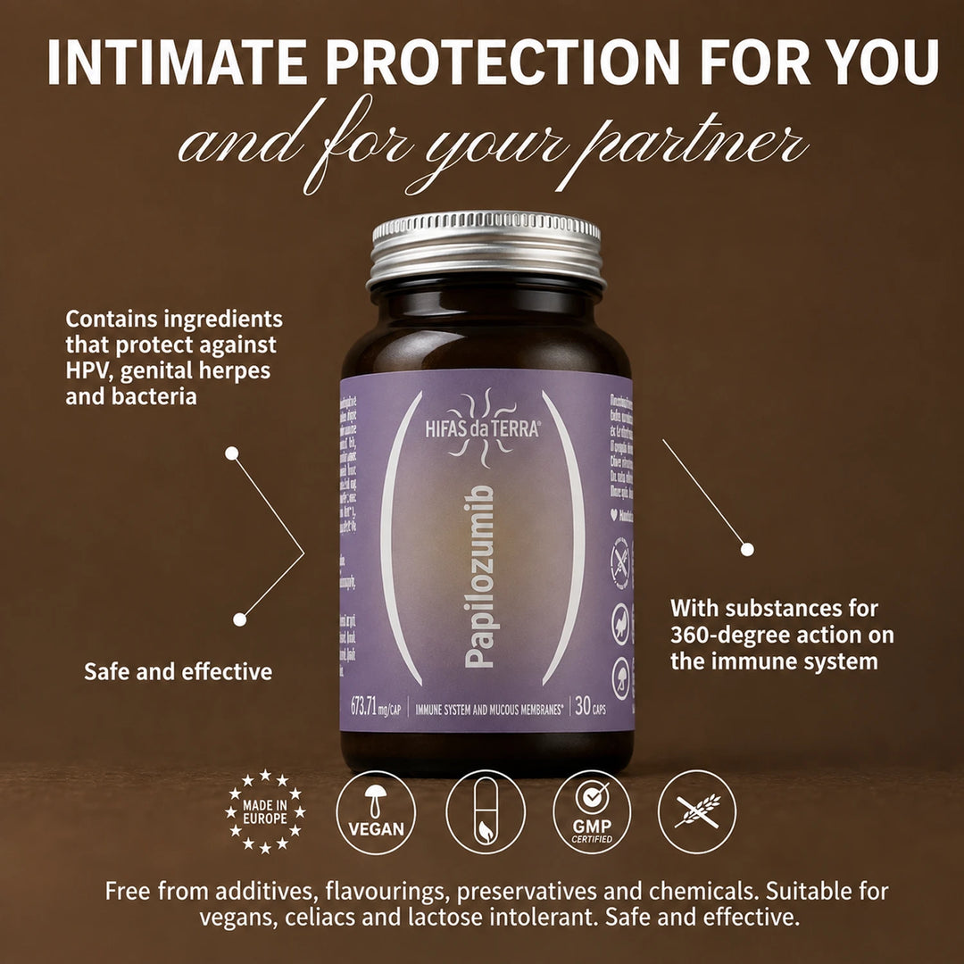 A bottle of Papilozumib by Hifas da Terra with text describing its ingredients and suitability for vegans.