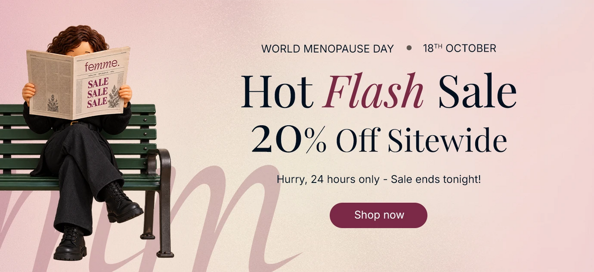 A figurine sits on a bench reading a newspaper advertising a sale. World Menopause Day 18th October. Hot Flash Sale 20% Off Sitewide.