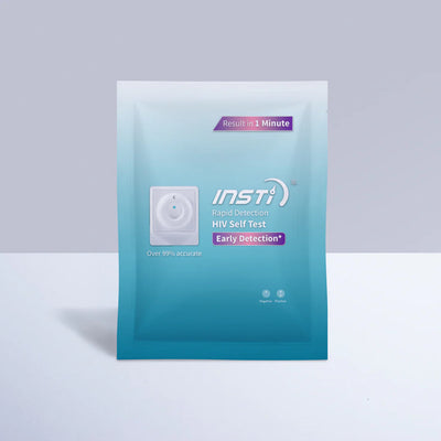 INST HIV self-test kit packaging on a light gray background