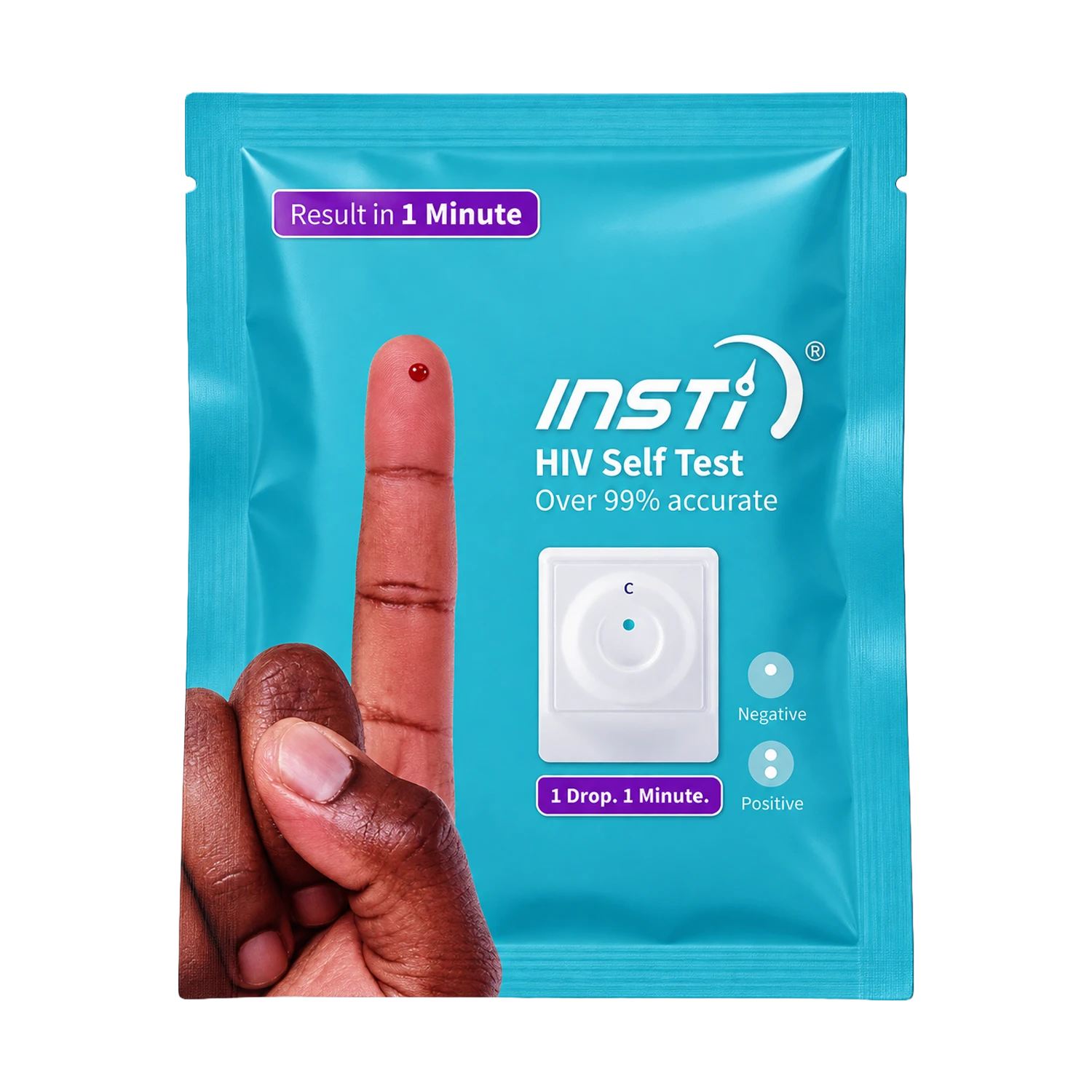 A bright blue INSTI HIV Self Test pouch with a printed demonstration of a finger prick and a small white test device, on a plain white background.