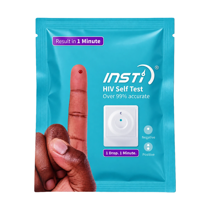 A bright blue INSTI HIV Self Test pouch with a printed demonstration of a finger prick and a small white test device, on a plain white background.