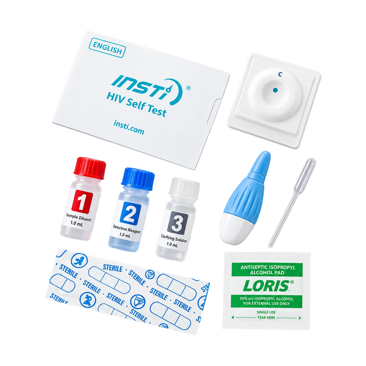 HIV self-test kit components arranged on a white background, including an Insti English test box, a temperature strip, a temperature indicator square, three sample vials with red, blue, and white caps, a blue-and-white temperature monitor, a plastic pipette, a sterile alcohol pad, and a sterile tape roll.