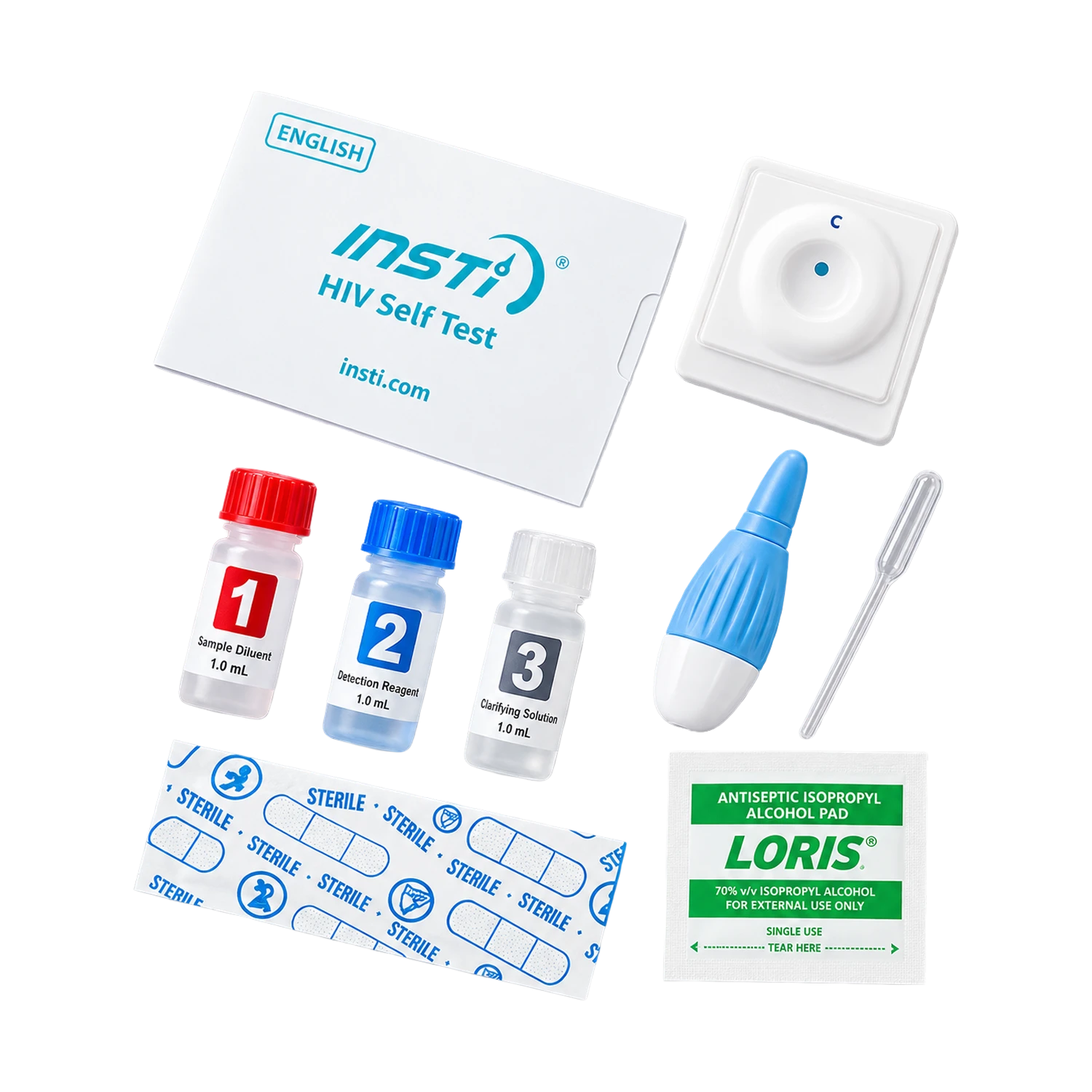 HIV self-test kit components arranged on a white background, including an Insti English test box, a temperature strip, a temperature indicator square, three sample vials with red, blue, and white caps, a blue-and-white temperature monitor, a plastic pipette, a sterile alcohol pad, and a sterile tape roll.