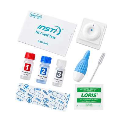 HIV self-test kit components arranged on a white background, including an Insti English test box, a temperature strip, a temperature indicator square, three sample vials with red, blue, and white caps, a blue-and-white temperature monitor, a plastic pipette, a sterile alcohol pad, and a sterile tape roll.