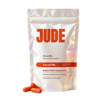 A pouch labelled Jude CoreCTRL Bladder Health Supplements containing orange capsules.