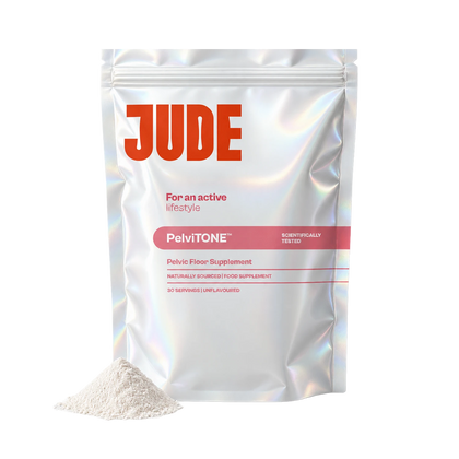 A silver pouch labelled Jude PelviTONE Pelvic Floor Supplement next to a pile of white powder.