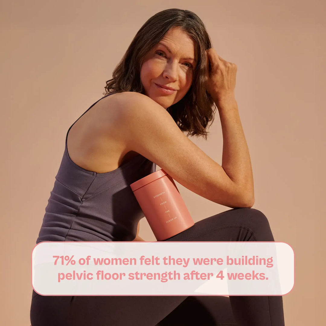 Jude supplement text banner at the bottom reads, '71% of women felt they were building pelvic floor strength after 4 weeks' on lifestyle image