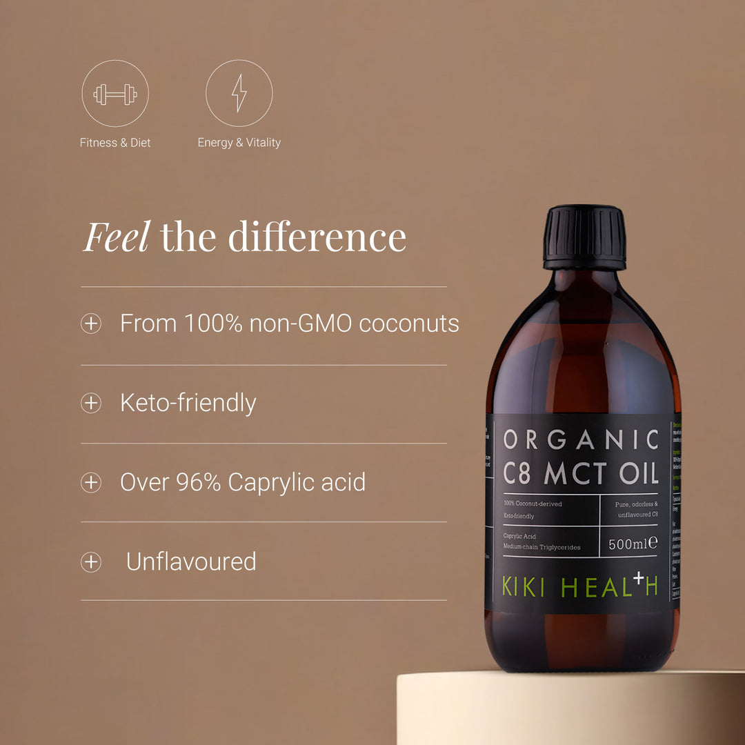 Bottle of KIKI Health Organic C8 MCT Oil on a beige background with product features listed