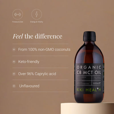 Bottle of KIKI Health Organic C8 MCT Oil on a beige background with product features listed
